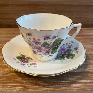 Vintage Fine English Bone China Violet Antique Purple Floral Tea Cup Saucer